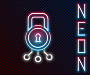 Poster - Glowing neon line Cyber security icon isolated on black background. Closed padlock on digital circuit board. Safety concept. Digital data protection. Colorful outline concept. Vector