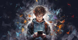 Fototapeta  - A young boy using social media or gaming on a cellphone or mobile phone. Online safety. A mix of emotions and mayhem surrounds the child. Social media addiction and manipulation..
