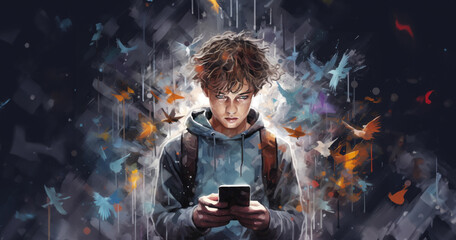 A young boy using social media or gaming on a cellphone or mobile phone. Online safety. A mix of emotions and mayhem surrounds the child. Social media addiction and manipulation..