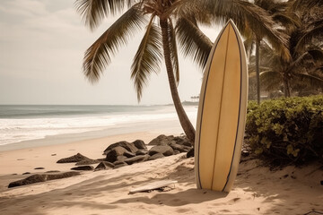 Wall Mural - Hawaiian beach with palm trees and a surfboard set into the sand. Generative ai.