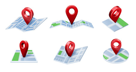 Pin on map. 3D Location icons, city GPS navigation and maps pointing arrows isolated vector illustration set