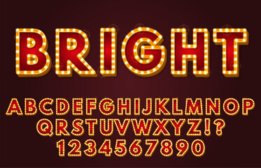 Poster - Glowing alphabet display font. Retro letters and numbers with light bulbs frames, nostalgic light sign lettering. Vintage signboard design vector bundle