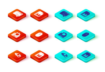 Poster - Set Red eye effect, ID File document, Laptop and gear, Computer mouse, AE file and Web design development icon. Vector