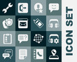 © Vadim - Set Call center location, Headphoneswith settings, Elected employee, Mail and e-mail, Telephone handset shield, Wrench spanner and Mobile icon. Vector