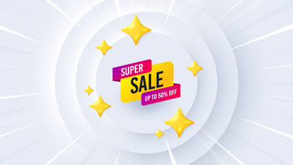 Wall Mural - Super sale banner. Neumorphic offer 3d banner, coupon. Discount sticker shape. Coupon bubble icon. Super sale promo event background. Sunburst banner, flyer or poster. Vector
