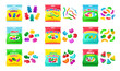 Cartoon jelly sweets. Cute candy variety pack of multicolored jelly beans, gummies and candy worms with packaging vector set