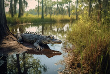 American Alligator (Caiman Crocodilus) In The Swamp.