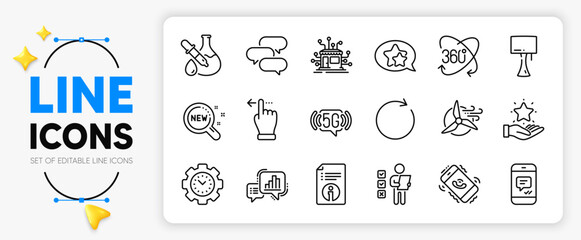 Time management, Message and Call center line icons set for app include Technical info, Windmill turbine, Loyalty program outline thin icon. Graph chart, Touchscreen gesture. Vector