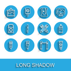 Poster - Set line Pencil with eraser, Paint brush, Picture landscape, Exhibition of paintings, Tube palette, spray can and Crossed pencil icon. Vector