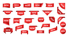 New Tags. Red Ribbon New Product Labels, New Arrival Badges And Corners For Marketing And Promotion Isolated Vector Set