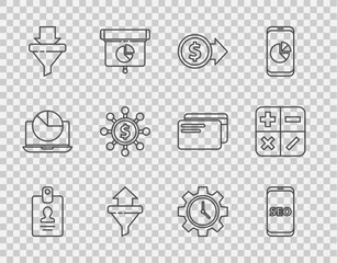 Aufkleber - Set line Identification badge, Mobile phone SEO optimization, Coin money with dollar, Sales funnel arrows, Dollar, share, network, Time Management and Calculator icon. Vector