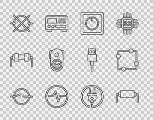 Poster - Set line Electric circuit scheme, Resistor electricity, light switch, Electrical outlet, plug and icon. Vector