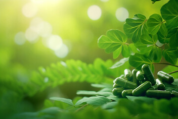 Wall Mural - green medicine, capsules with medicines on a natural background