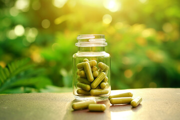 Wall Mural - green medicine, capsules with medicines on a natural background