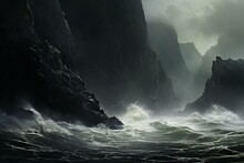Dramatic Seascape With Crashing Waves And Ominous Cliffs. Generative AI