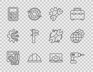 Poster - Set line Multimeter, Electric drill machine, Wrench spanner and gear, Worker safety helmet, Calculator, Calliper caliper scale, Laptop and Globe of the Earth icon. Vector
