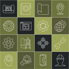 Poster - Set line Worker safety helmet, Wrench spanner, Globe of the Earth and gear, Graphing paper for engineering, House plan, Gear arrows as workflow, and icon. Vector