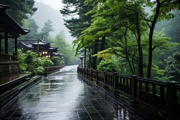 Wall Mural - foggy and rainy weather in a Japanese park