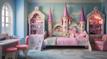 Immerse Yourself In The World Of Fantasy With This Captivating Image Of A Kids' Room. A Whimsical Castle Bed Serves As The Centerpiece, Surrounded By Colorful Murals Of Dragons And Princesses.