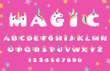 Unicorn Font. Cartoon Style Alphabet With Cute Unicorn Horn And Rainbow Hair. Magic Letters And Numbers With Shiny Stars Vector Symbols Set
