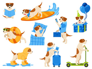 Wall Mural - Dog mascot. Adorable puppy character, cute beagle read book, surfs, sleeps on pillow, travel and rides scooter cartoon vector illustration set