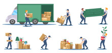 Moving Service. Delivery Service Workers Loading Boxes And Sofa Into Truck, Residential Move Logistics Cartoon Vector Illustration Set