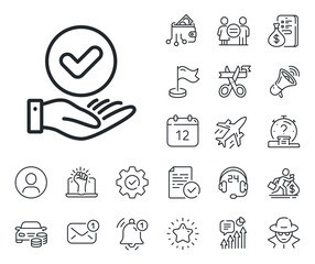 Poster - accepted sign. salaryman, gender equality and alert bell outline icons. approved checkbox line icon.