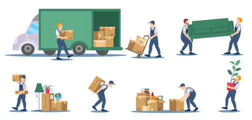 Moving service. Delivery service workers loading boxes and sofa into truck, residential move logistics cartoon vector illustration set