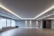 LED strip light on suspended ceiling with down light in empty living room. Interior design with technology. Generative AI