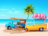 Fototapeta Łazienka - Ready for summer travel. van with deck chair and beach accessory, 3D Rendering, 3D Illustration. Generative AI