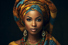 Portrait Of African American Ethnicity Woman In Turban With African Traditional Print Generative AI