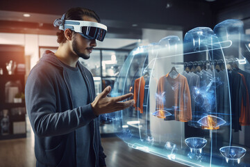 Poster - generative ai collage phoo of person shopper using vr box vhoose products in store