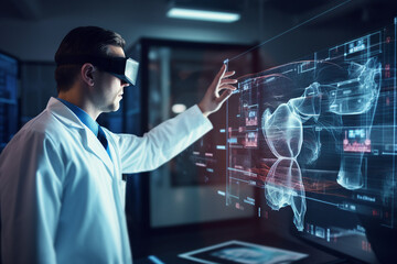 Poster - generative ai image picture collage of doctor using innovative technology using device vr box