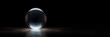 Glas Kugel transparent im dunklen Raum als Querformat für Banner und Hintergrundmotiv, ai generativ