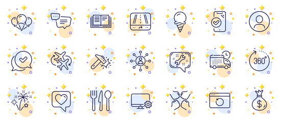 Outline set of Education, Ice cream and 360 degrees line icons for web app. Include Heart, Headshot, Networking pictogram icons. Food, Spanner, Gps signs. Monitor settings, Fireworks, Delivery. Vector