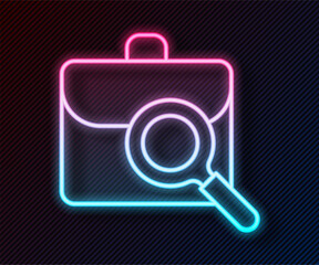 Poster - Glowing neon line Magnifying glass with briefcase icon isolated on black background. Job hunting. Work search concept. Unemployment, head hunting, career. Vector