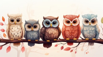 Cute owl birds set. Funny owlets, feathered animals, sitting on tree branches and watching