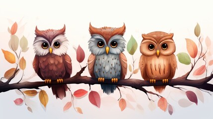 Cute owl birds set. Funny owlets, feathered animals, sitting on tree branches and watching