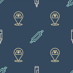 Poster - Set line Marker pen, Paint spray can and on seamless pattern. Vector