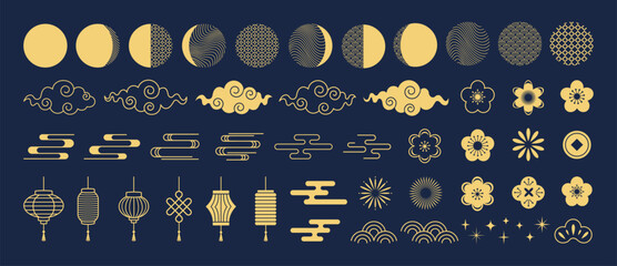 Mid Autumn Festival. Chinese traditional ornaments. Set of gold decorative elements, rabbits, moon, flowers, mooncakes, fireworks, lanterns, clouds. Concept for holiday decor, card, poster, banner. 