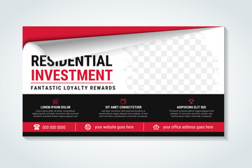 Poster - Collection red and black horizontal business real state investment web banner set vector templates. clean modern geometric abstract background layout for website design. simple creative cover header.