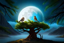 Landscape With Moon And Tree And 3d Animated Picture Of Birds Nest In The Wood Trunk Of Trees, Two Sparrows, Big Tree, Greenery, Night Time, Moon Shine, Stars In The Sky
