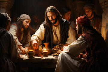 Wall Mural - A Spiritual Banquet: Jesus and His Disciples Seated around a Table, Nourishing Hearts and Minds