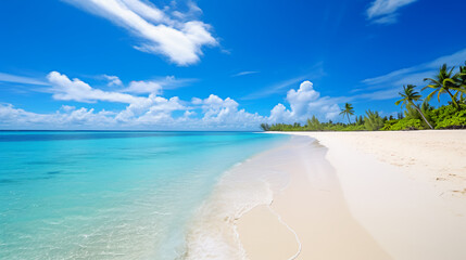 Wall Mural - Beautiful sandy beach with white sand and rolling calm wave of turquoise ocean on Sunny day on background white clouds in blue sky. Island in Maldives, colorful perfect panoramic natural landscape. 