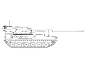 Wall Mural - AHS Krab in line art. Self-propelled artillery. Poland army. Military armored vehicle. Detailed PNG illustration.