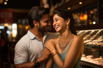 Wall Mural - Cheerful Indian beautiful young couple enjoying shopping at modern jewellery store