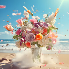 Wall Mural - A beautiful pastel bouquet of flowers on a summer beach. Background sand, waves, open sea and blue sky.