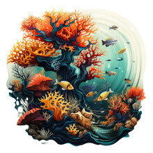 A Surreal Christmas Tree T-shirt Design Set Underwater, With Colorful Coral Reefs And Marine Creatures, The Christmas Tree Adorned With Seashells And Sea Stars, Generative Ai
