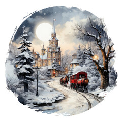  A vintage Christmas tree t-shirt design inspired by classic holiday cards, with a snowy Victorian village scene, horse-drawn carriages, Generative Ai