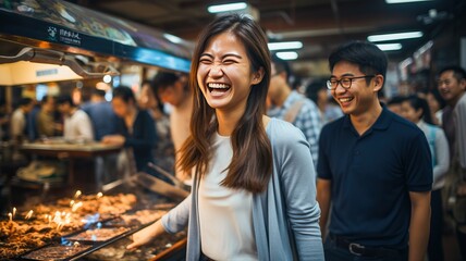 happy young people queuing in a canteen, generative ai